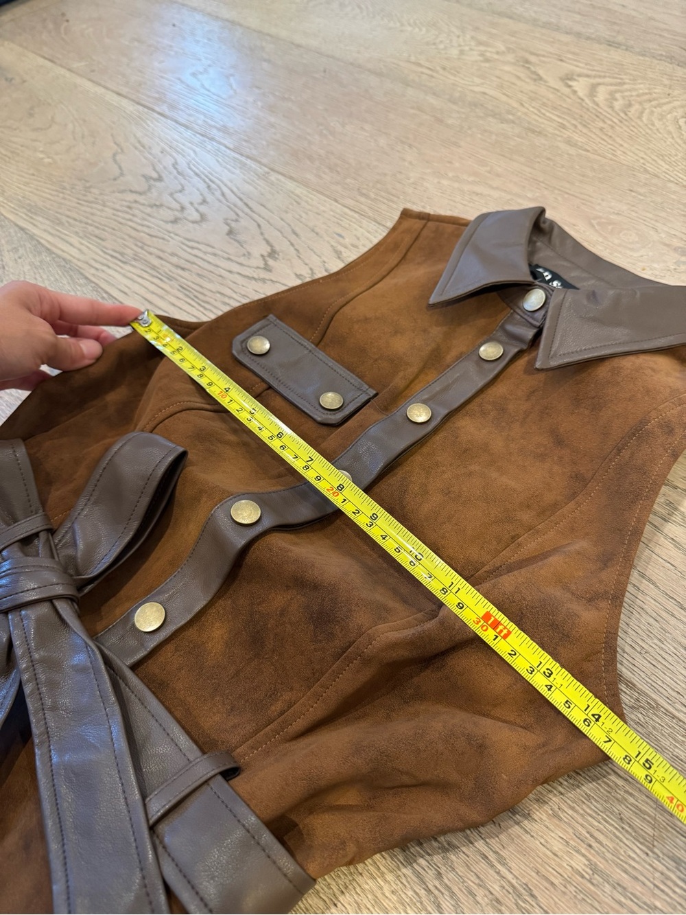 [NWOT] En Saison Size S Brown Faux Suede Leather Trim Belted A-Line Dress - Picture 6 of 13